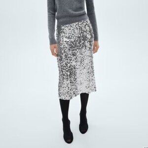 Mango Silver Sequin Midi Skirt Size XS